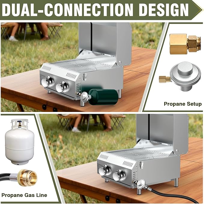 Bestfire Tabletop Propane Gas Grill 2 Burners- Dual Connections, 20,000 BTUs Stainless Steel Portable Grill Fits Large Gas Cylinders and Small Canisters for Outdoor Camping and RV Trips