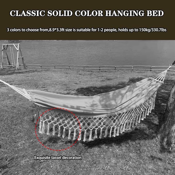 Outdoor Leisure Hammock with Tassels, Garden Anti-Rollover Swing with Storage Bag, for Travel/Camping/Beach, Load Bearing 150kg/330.7lbs(Camel)