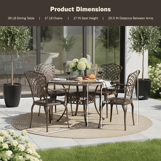 5-Piece Outdoor Dining Set, All-Weather Cast Aluminum Resistant Patio Dining Furniture, Includes 4 Chairs and 1 Round Table with Umbrella Hole for Garden Deck Backyard