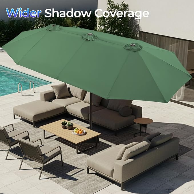 SUPERJARE 13FT Outdoor Patio Umbrella with Base Included, Double Sided Pool Umbrellas with Fade Resistant Canopy, Large Table Umbrella for Deck, Market, Backyard - Forest Green