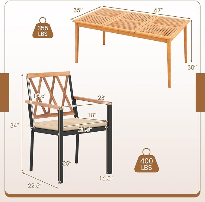 Tangkula 7 Piece Wood Outdoor Dining Set for 6, Rectangular Patio Acacia Wood Table Set with 6 Cushioned Chairs, Umbrella Hole, Heavy Duty Metal Frame for Deck Porch Backyard
