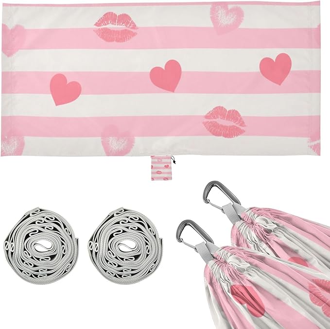 Pink White Stripes Heart Lip Love 330lb Capacity Outdoor Hammocks with Hanging Rope Indoor Hammock for Indoor Outdoor Patio Base para hamacas para adultos