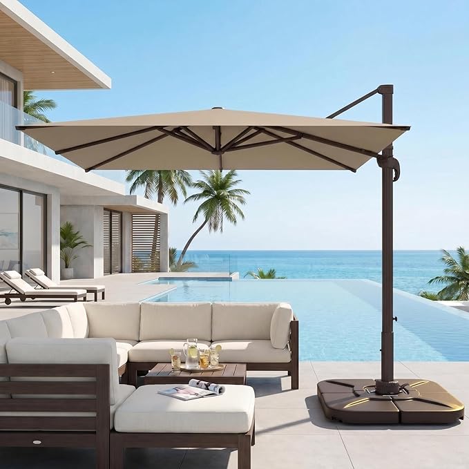 Kingdura 10' X 10' Cantilever Patio Umbrella with Base Included, Large Square Aluminum Outdoor Offset Umbrella with 360-degree Rotation, 4 Position Tilt, UV Protection for Pool Deck Garden Patio (Beige)
