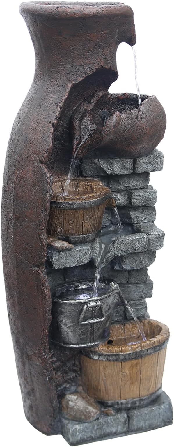 Retro Barrel Water Fountains Indoor 6-Tiered Cascading Waterfall Water Feature 43.31''H Garden Fountain Decor Outdoor with LED Lights and Pump for Lawn Porch Deck Patio
