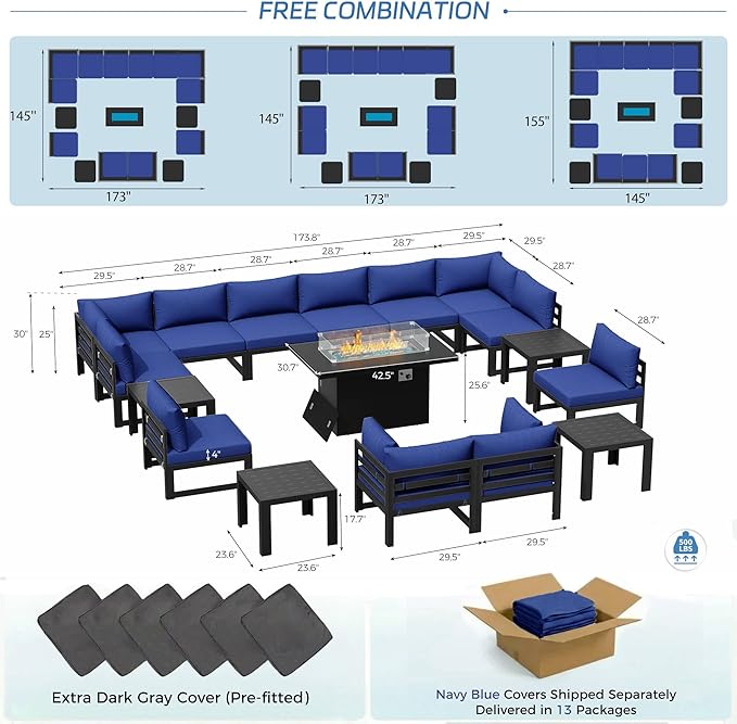 NICESOUL 17 Pcs Extra Large Modern Aluminum Outdoor Sofa with Fire Pit & Coffee Table, 29 inch Deep Wide Seat, 500 lbs Durable Sectional Set, High End Patio Furniture Set for Backyard Lawn, Navy Blue