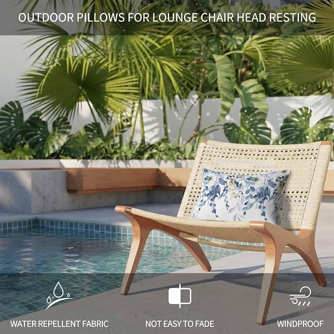 Outdoor Chair Pillow Headrest for Patio Pool Chaise Lounge, Blue Wild Flowers Recliner Head Pillow, Spring Watercolor Eucalyptus Leaves Floral Waterproof Pillowcases Lumbar Pillows & Insert 12x20x2pcs