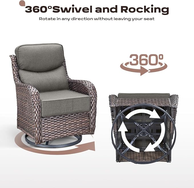 Rilyson Wicker Outdoor Patio Furniture Set - 8 Piece Patio Conversation Sets with Swivel Rocker Chairs, Ottomans, Sofa and Table, 6 inch Cushions, Deep Seating, for Porch Deck Brown/Grey