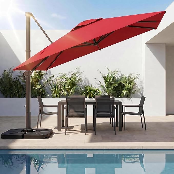 Kingdura 10x10 FT Cantilever Patio Umbrella with Base Included, Large Square Aluminum Offset Outdoor Pool Umbrella, 360° Rotation & 4-Position Tilt, UV Protection for Deck Backyard (Red)