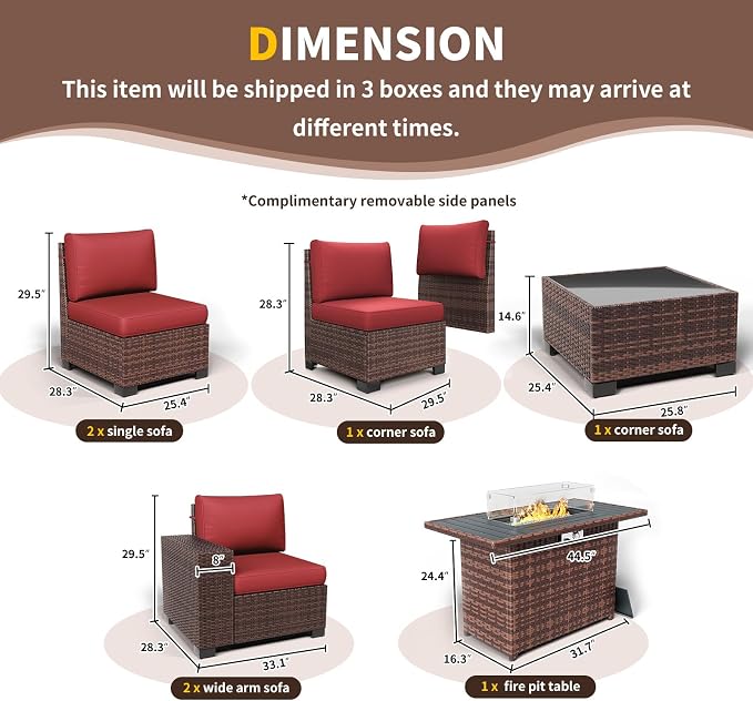 Patio Furniture with Fire Pit Table,8‘’ Wide armrest Outdoor Sectional Rattan Sofa Set, Wicker Patio Furniture Sets w/Coffee Table,Thick Cushions and Cover for Porch, Balcony,7PC (Brown&Wine)
