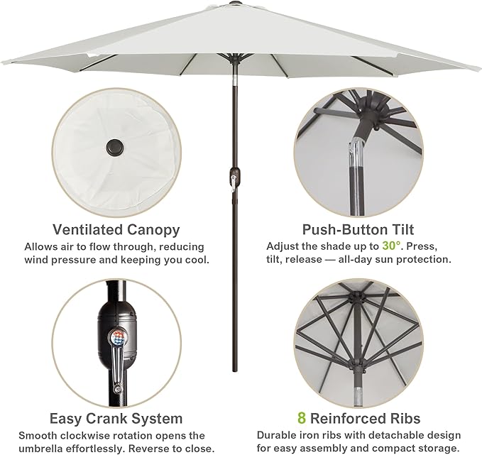 Blissun 10FT Outdoor Patio Umbrella, Outdoor Table Umbrella, Yard Umbrella, Market Umbrella with 8 Sturdy Ribs, Push Button Tilt and Crank