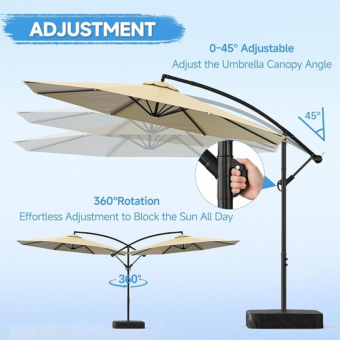 SUNYRISY 10ft Outdoor Patio Umbrella with Base Included, Large Cantilever Offset Umbrella with Sandbag Base Included for Deck, Pool, Porch, and Backyard Shade, Easy to Tilt and Crank