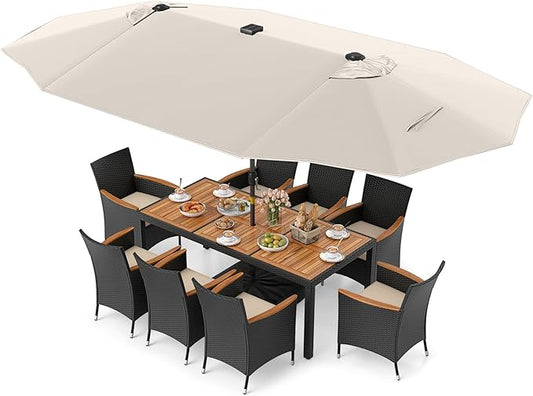 Tangkula 11 Pieces Patio Dining Set with Double-Sided Led Patio Umbrella (Base Included), with 8 Stackable Chairs, Acacia Wood Dining Table and Large Umbrella with Solar Lights (Beige + Off White)