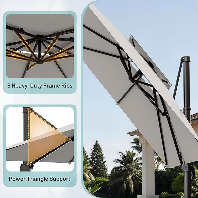 AreShark 11×11FT Double-Top Cantilever Patio Umbrella, Square Offset Umbrella with 360 Degree Rotation, Heavy Duty Patio Umbrella for Garden Deck Pool, 5 Tilt Angles, Light Grey