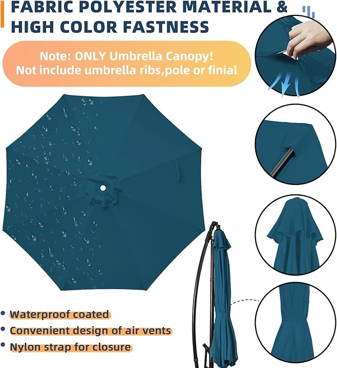 10ft Patio Umbrella Replacement Canopy for 8 ribs, Fits Hanging Offset Cantilever Market Outdoor Patio Shades，Canopy Only