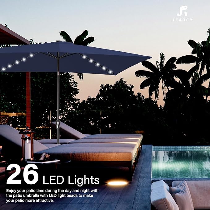 JEAREY 6.5x10 ft Rectangular LED Lighted Patio Umbrellas Outdoor Solar Table Market Umbrella w/Push Button Tilt/Crank, 6 Sturdy Ribs, UV Protection Waterproof Sunproof(Dark Blue)