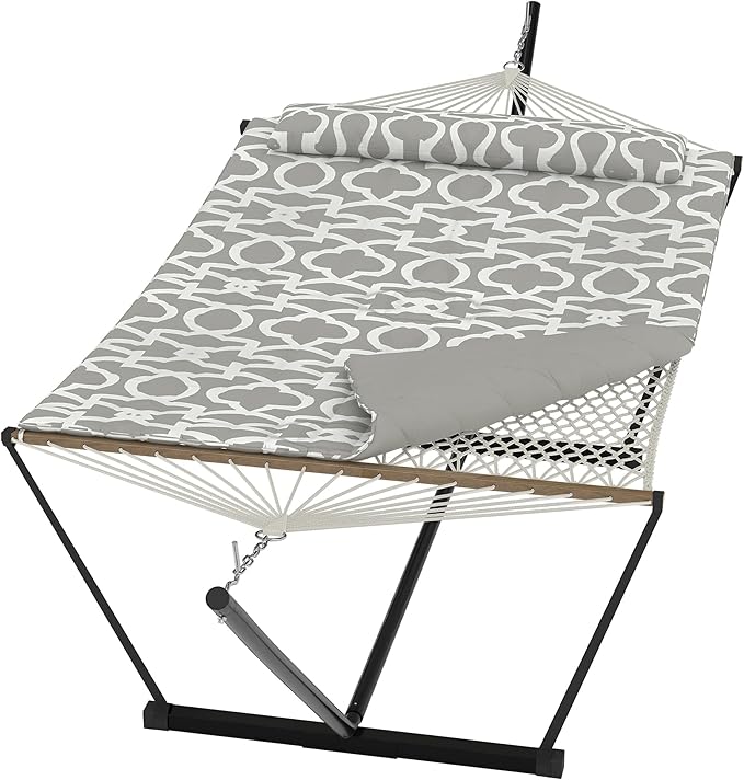 Heavy Duty 2 Person Double Hammock with Portable Adjustable Steel Stand, Outdoor Hammock with Pillow for Patio, Garden, Beach, Backyard Camping
