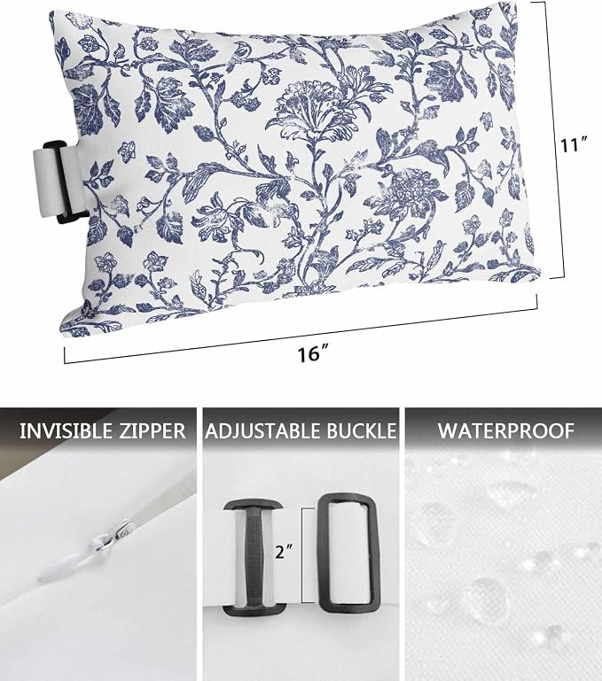 Pack of 4 Outdoor Lumbar Pillow Covers 11x16 Inch, Blue Flower Waterproof Throw Pillow Covers Set, Spring Leaf Vintage Farmhouse Boho Plant Indoor&Outdoor Cushion Cases for Patio Porch Beach