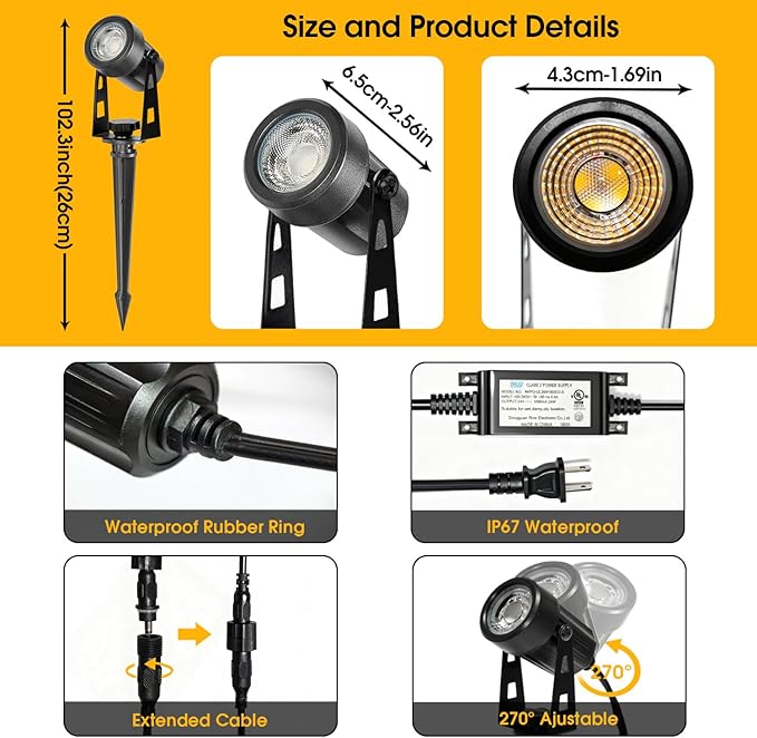 CPLIRIS Outdoor Landscape Lighting, LED Spot Lights Kit for Garden, Yard, House, Lawn, Tree, Flags, Fence Use, Warm White 2700k-3300k, IP67 Waterproof & Connectable - 8 Pack