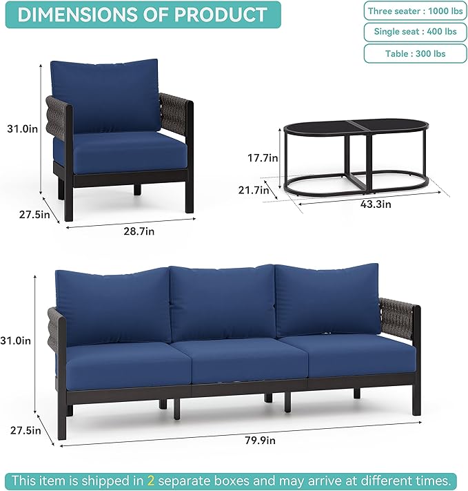 Kullavik Aluminum Patio Furniture Set 5 Pieces,Metal Outdoor Furniture with Modular Coffee Table,HDPE Rope Sectional Conversation Set w/5.9" Thick Cushions for Deck,Porch,Backyard