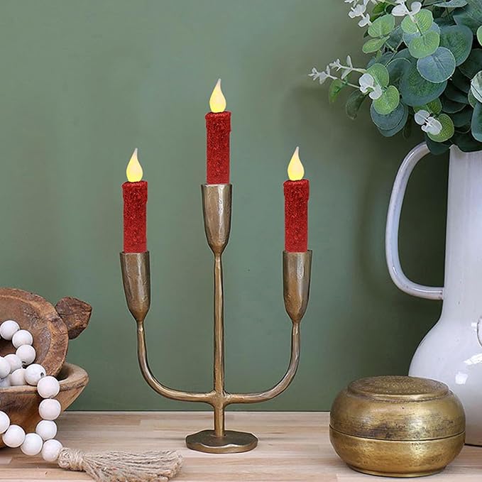 CVHOMEDECO. Glitter Flameless Candles Flickering Battery Operated LED Taper Candles with Timer for Home, Wedding, Halloween, Christmas Decor. Red, 4-3/4 Inch, Set of 6