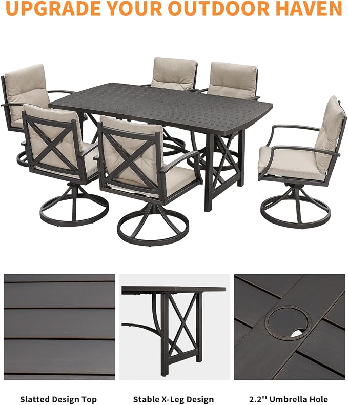 7 Pieces Outdoor Dining Set, Never-Rust Aluminum Patio Dining Set for 6, Outdoor Furniture Set, Patio Table and 6 Swivel Rocker Chairs for Deck, Garden, Backyard, Poolsides, Gunmetal