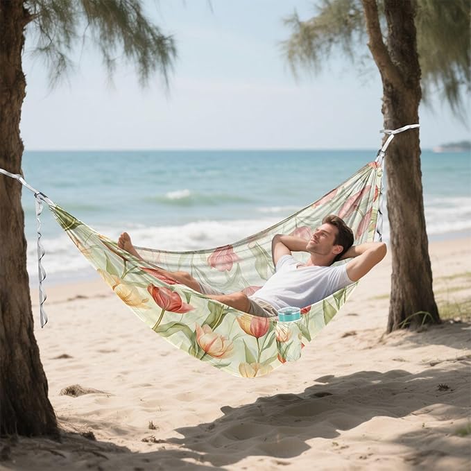 Camping Hammock Outdoor Hammocks for Outside Tulips Light Green Beach Trees Portable Lightweight with Pockets Tree Straps Indoor Small