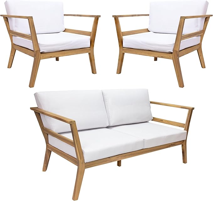 Sunnydaze 3-Piece Outdoor Patio Furniture Set - Bodie Acacia Wood Patio Conversation Set - Outdoor Seating with Cushions - Bone White