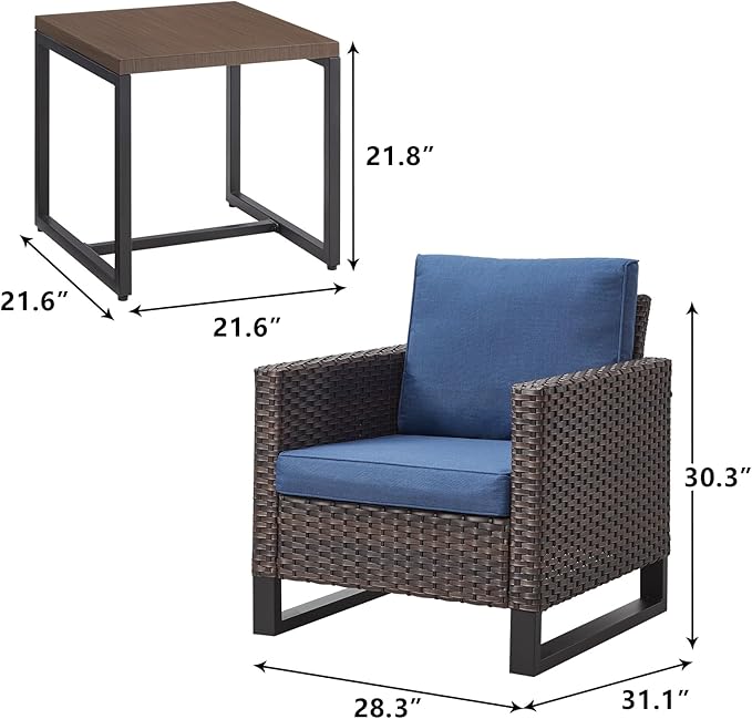 Rilyson Wicker Outdoor Patio Chairs Set - 3 Piece Rattan Patio Furniture Bistro Chairs Set with Waterproof Wicker,Comfortable Cushions and Sturdy Metal Frame for Porch Deck Backyard(Brown/Blue)