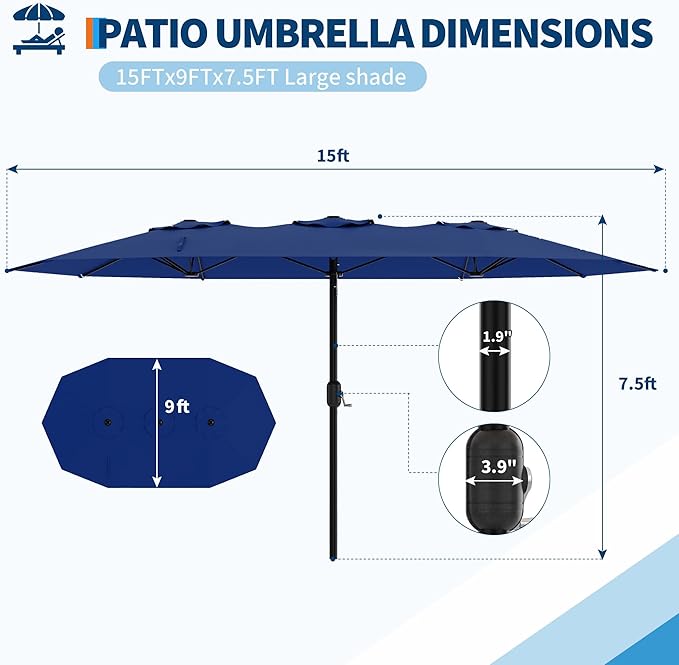 Double-Side Rectangular Pool Umbrella, 15ft Large Patio Umbrella with Base Included, Outdoor Market Umbrellas for Poolside Lawn Backyard