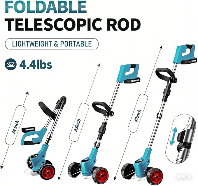 36V Electric Weed Wacker Cordless String Trimmer Battery Powered/w 2X 6.0Ah Battery and 2.0Amp Charger, Height Adjustable Wheeled，3-in-1 Grass Trimmer/Brush Cutter/Hedge Trimmer/Weed Eater