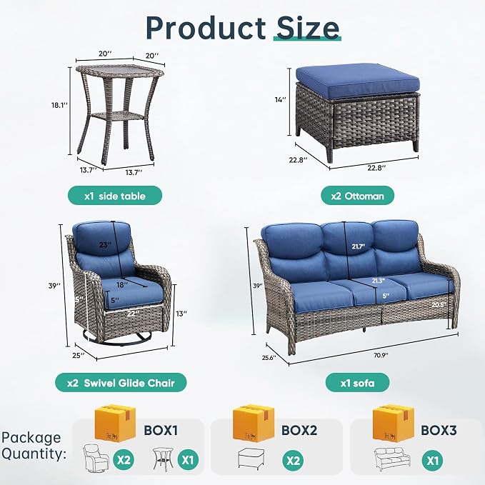 Outdoor Swivel Rocker Patio Chairs Set of 6 with Fire Table - 5" Thick Cushion 6 Piece Furniture Set with Fire Pit Table All Weather Wicker Conversation Set for Porch Deck Gery Wicker | Blue Cushions