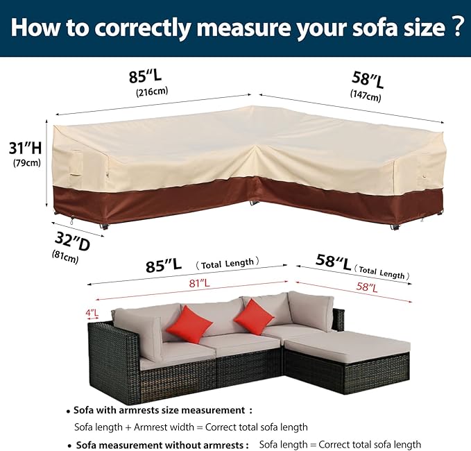 Patio Outdoor Sectional Cover -Patio Furniture Covers Waterproof Rip-Stop Anti-UV 600D Heavy Duty Outdoor Couch with 3 Air Vent Sofa Cover (L-Shaped-Right-85''X58'')