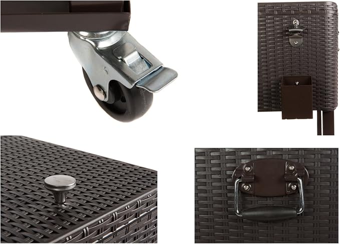 HIO 80 Qt Outdoor Patio Cooler Table On Wheels, with Shelf, Dark Brown Wicker