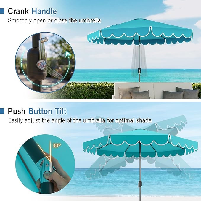 RELAX4LIFE 10 FT Scalloped Patio Umbrella, Market Table Umbrella with Push Button Tilt, Crank, 8 Sturdy Metal Ribs, Vented Top, Sun-Protective Ruffled Canopy, Heavy-duty Outdoor Parasol for Garden Poolside Deck