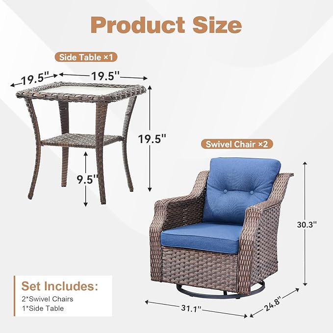 Outdoor Swivel Rocking Chair 3-Piece Set,All-Weather Wicker Rocking Chair Combination PE Rattan with Elegant Side Table Ideal for Courtyards, Balconies, Patios, and Porches Brown/Blue