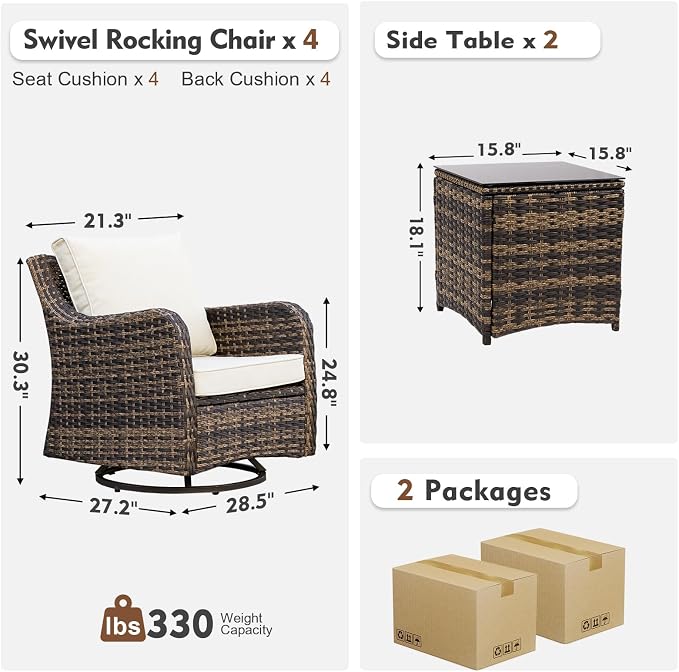 MEISSALIVVE Outdoor Patio Furniture Set with Swivel Chair, 6 Pieces Patio Conversation Set, Patio Sectional Furniture Set with 4 Swivel Rocker Patio Chair and 2 Side Table (Brown)