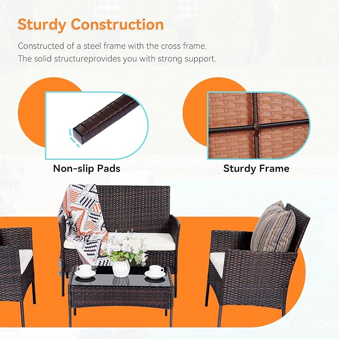 Patio Furniture Set, Outdoor Furniture Set 4 Pieces Patio Conversation Set PE Rattan Chair with Cushion Tempered Glass Table Garden Balcony Sets for Yard Pool Backyard Brown/Beige