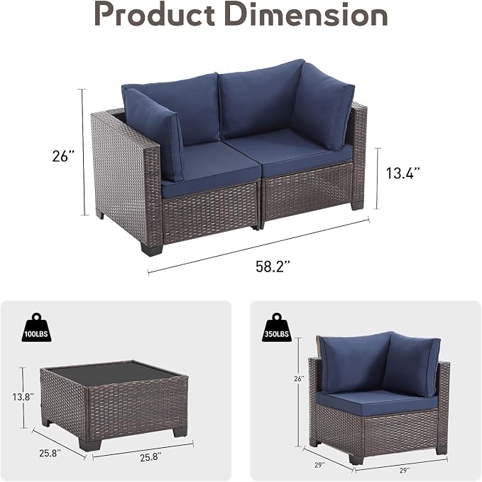 Bonzy Home 3 Pieces Outdoor Patio Furniture Set, PE Rattan Outdoor Sectional Furniture Sofa Set with Removable Cover and Glass Coffee Table, Patio Sofa for Balcony, Porch, Garden, (Brown-Navy Blue)