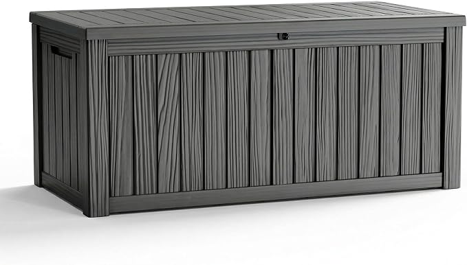 ROJIK Outdoor Storage Box – 150 Gallon Mobile Waterproof Resin Deck Box, Lockable Storage for Patio Cushions, Garden Tools, Pool Accessories – UV-Resistant Storage Bench for Backyard & Deck(Black)