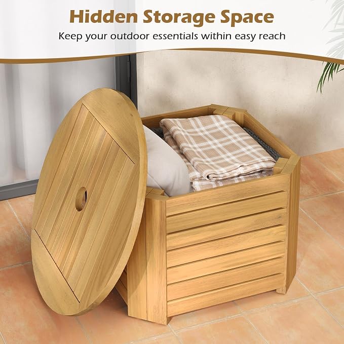 HAPPYGRILL Outdoor Side Table with Umbrella Hole, Acacia Wood End Table with Storage, Removable Base, Patio Storage Box for Backyard, Balcony, Poolside (Octagonal)