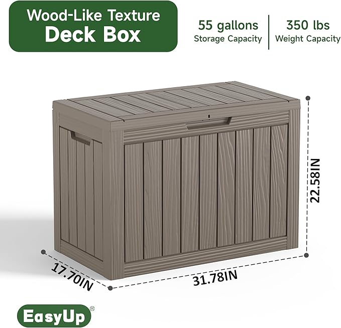 EasyUp 55 Gallon Deck Storage Boxes Outdoor Waterproof, Resin Lockable Small Deck Box, Outside Storage Bench for Patio Cushion Funiture, Pool Accessories, Garden Tools (Gray, 55 Gallon)