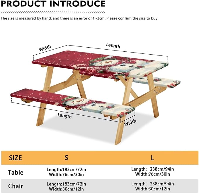 Snowman Picnic Table Cover with Bench Covers, Beach Waterproof Christmas Outdoor Table Cover, Picnic Table Covers with Elastic Suitable for Xmas Decoration