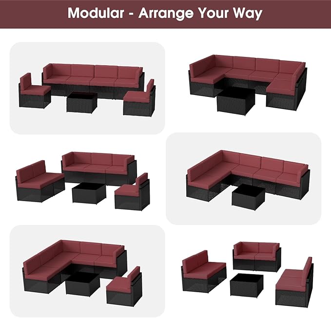 kinbor 7 Piece Outdoor Furniture Set - Waterproof Black PE Wicker Patio Sofa with Cushions for Backyard, Poolside & Porch, Burgundy
