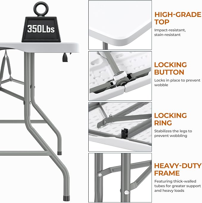 Fenbeli 8FT Folding Table, 350 LBS Heavy Duty with 18% Thicker HDPE Waterproof Top, Fold in Half Portable Table with Carry Handle & Safety Locks, Steel Frame for Indoor Outdoor Party Events
