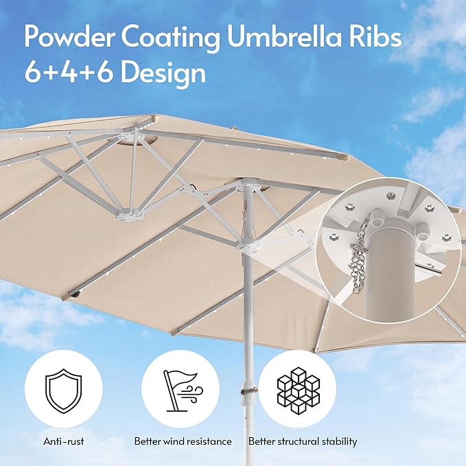 15ft Double-Sided Patio Umbrella with Solar Lights and Base Included, Large Patio Umbrella with 48 LED Dual-Color Lights, 135 Sq Ft Shade Area Patio Table Umbrella for Pool, Outddor, Deck (Champagne)