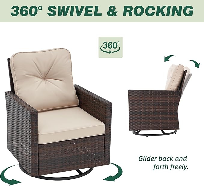 AVAWING 5 Pieces Patio Furniture Set, Wicker Swivel Glider Chairs with 2 Ottomans and 1 Side Table, Patio Chairs with Waterproof Blue Cushions for Garden, Backyard and Porch,