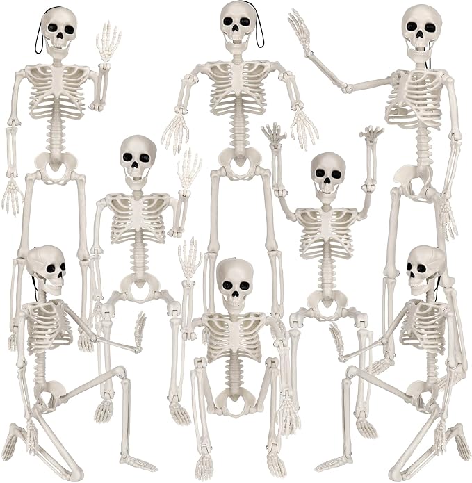 XIMISHOP 8pcs Posable Halloween Hanging Skeleton Decoration, 16" Full Body Skeleton With Movable Joints for Graveyard Haunted House Decor Indoor Outdoor