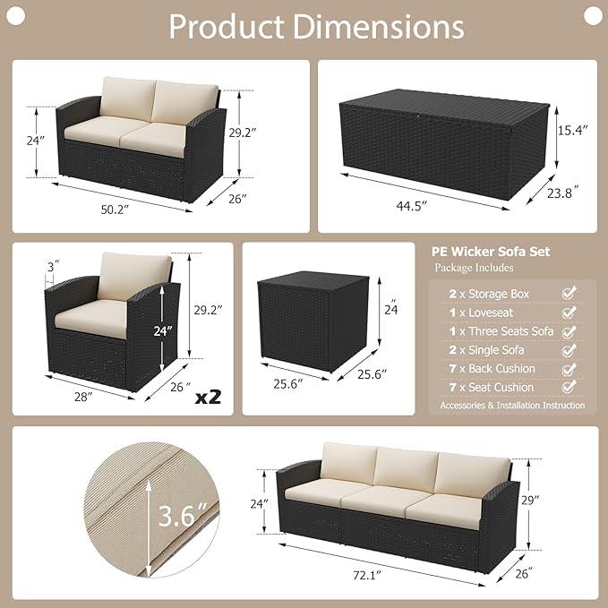 AECOJOY 7 Pieces Patio Furniture with Two Storage Boxes, Outdoor Rattan Conversation Set，All-Weather PE Wicker Sectional Sofa for Garden, Backyard, Deck, Black & Beige