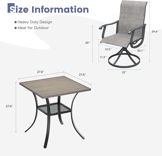 VICLLAX 3 Pieces Outdoor Dining Set, Patio Furniture Set of 2 Patio Swivel Dining Chairs and Small Dining Table with Storage Shelf, Grey Chairs & Antique Grey Tabletop