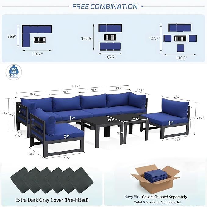 NICESOUL 8 Piece Large Luxury Aluminum Patio Conversation Set, 29" Deep Wide Comfortable Sitting, U Shaped Modular Sectional Couch, 500 lbs Heavy Duty All Weather Outdoor Sofa for Backyard, Navy Blue